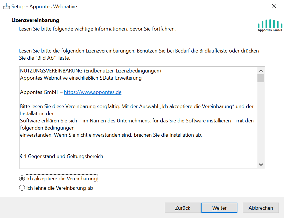 Setup: Lizenzvereinbarung