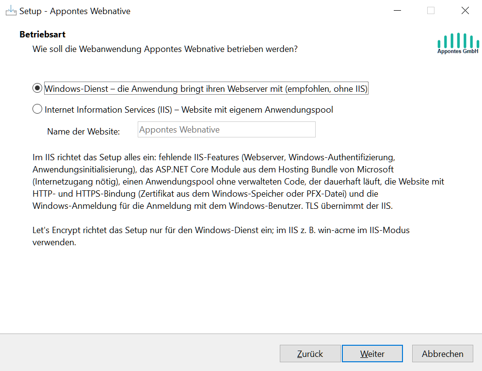 Setup: Betriebsart