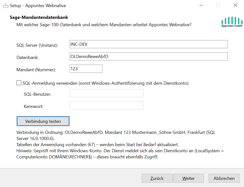 Setup: Sage-Mandantendatenbank mit erfolgreichem Verbindungstest