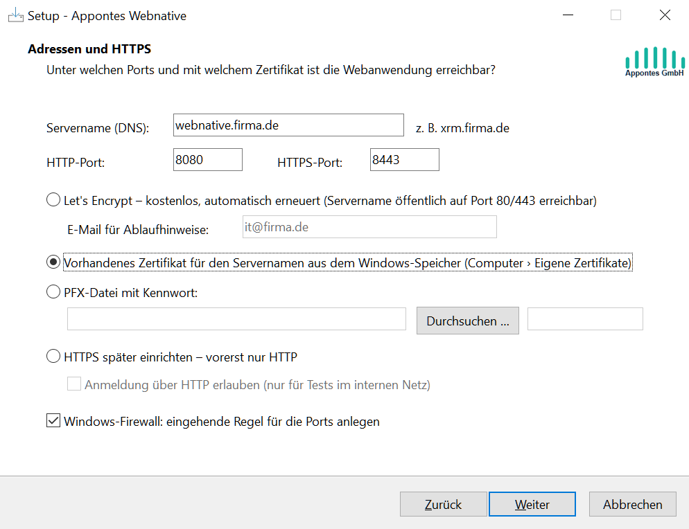 Setup: Adressen und HTTPS mit Zertifikat aus dem Windows-Speicher