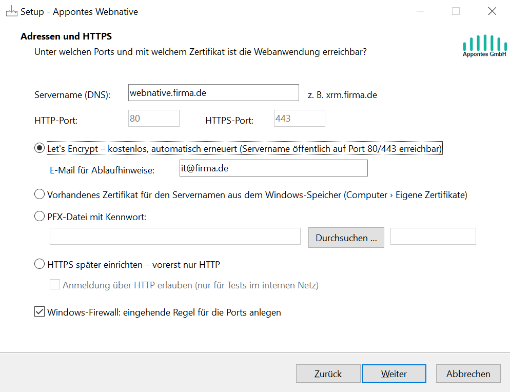 Setup: Let's Encrypt gewählt