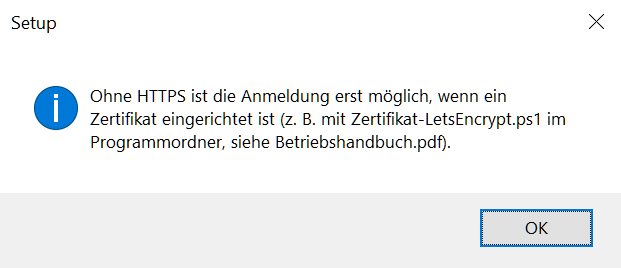 Setup: Hinweis ohne HTTPS