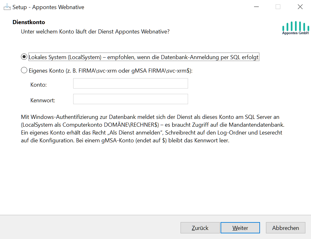 Setup: Dienstkonto