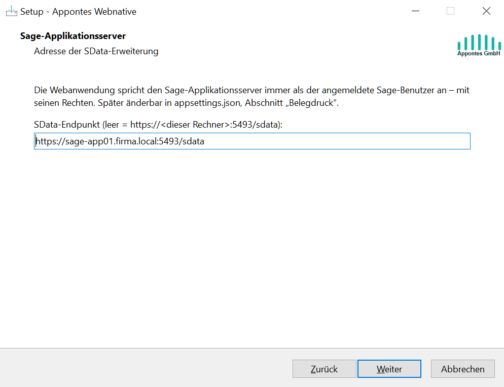 Setup: Adresse eines entfernten Applikationsservers