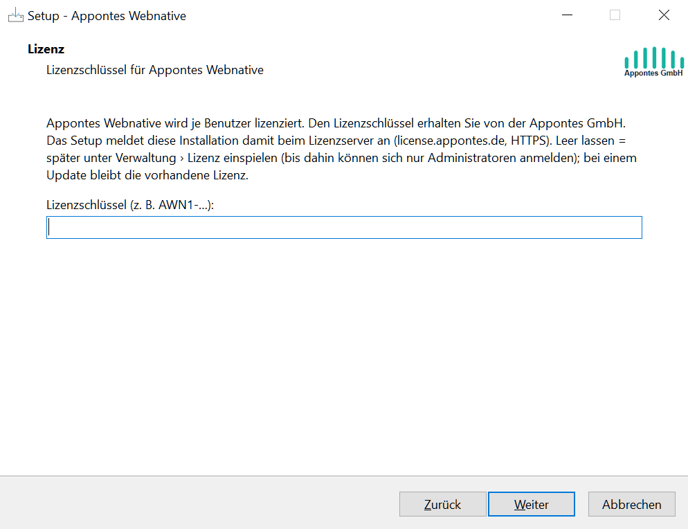 Setup: Lizenzschlüssel