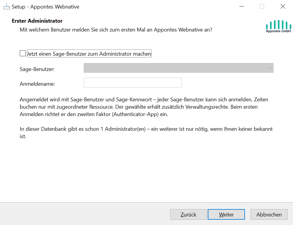 Setup: Es gibt schon einen Administrator