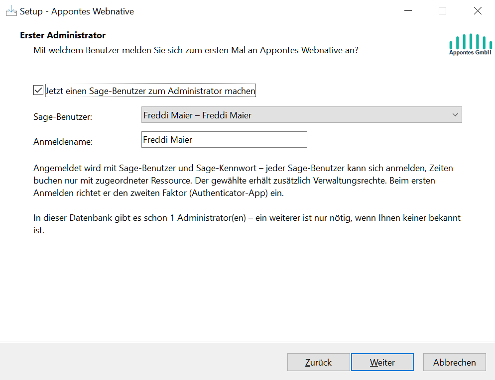 Setup: Erster Administrator gewählt