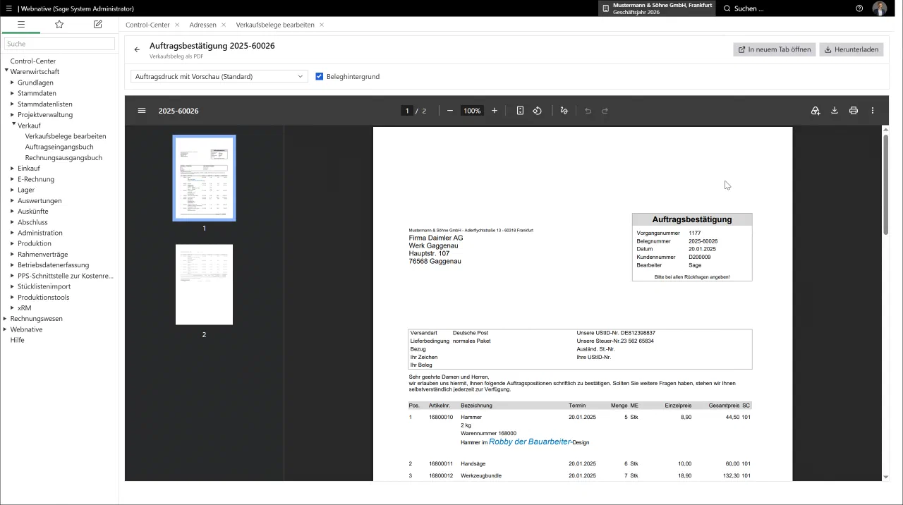 Webnative: Beleg als PDF – Druck aus Ihrem Sage-Druckprozess