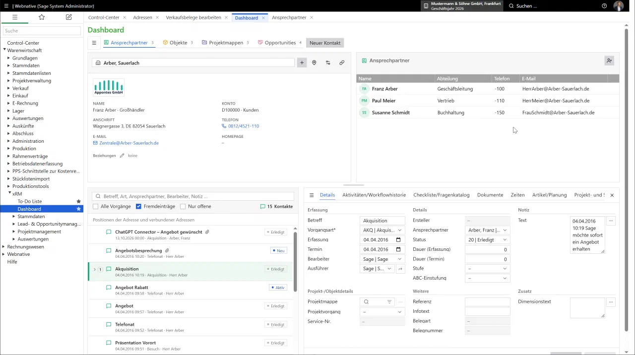 Webnative: xRM-Dashboard – Kunde, Kontakte und Vorgänge zusammen