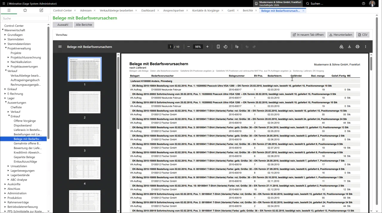 Webnative: Berichte – Sage-Berichte als PDF und CSV